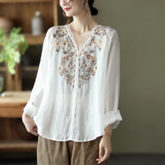 Spring Linne Spets Elegant Retro Broderi Blus