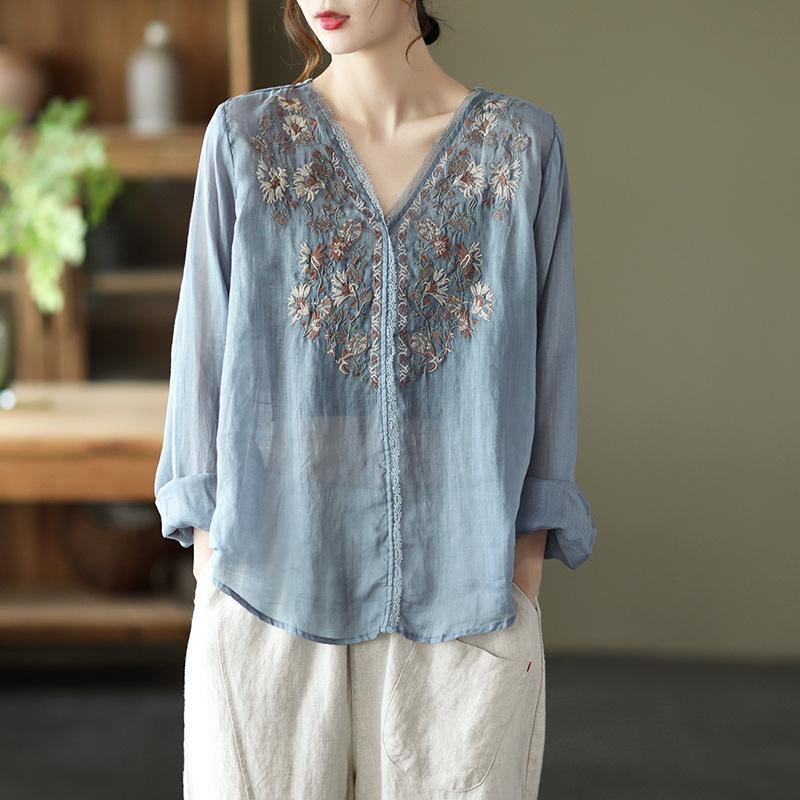 Spring Linne Spets Elegant Retro Broderi Blus