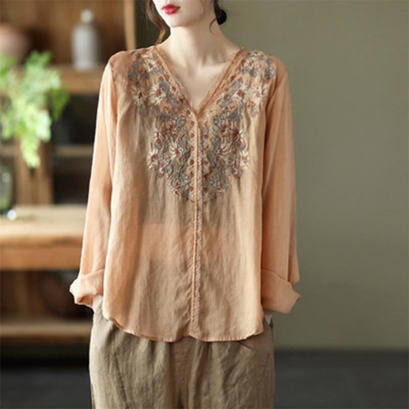 Spring Linne Spets Elegant Retro Broderi Blus