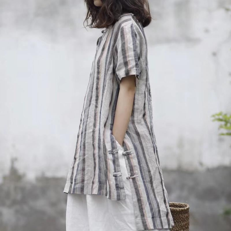 Stripes Casual Linne Surplice Blus