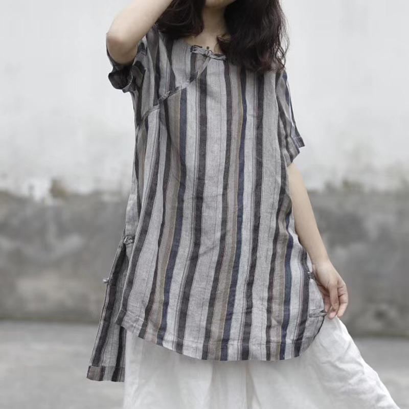 Stripes Casual Linne Surplice Blus