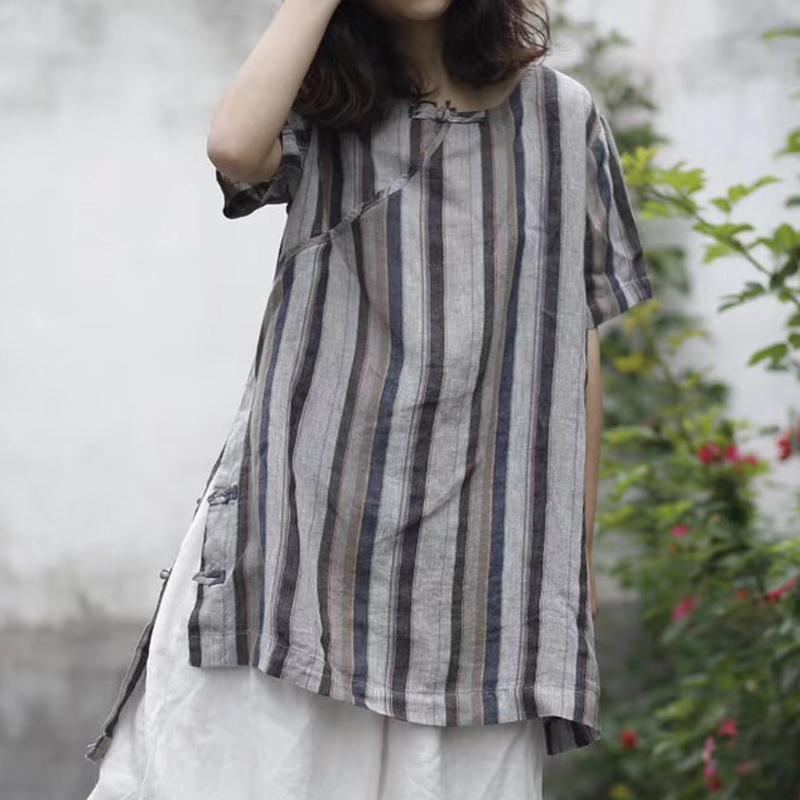 Stripes Casual Linne Surplice Blus