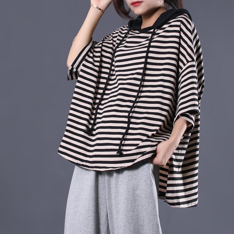 Stripes Cotton Casual Lös Hood High Low T-shirt