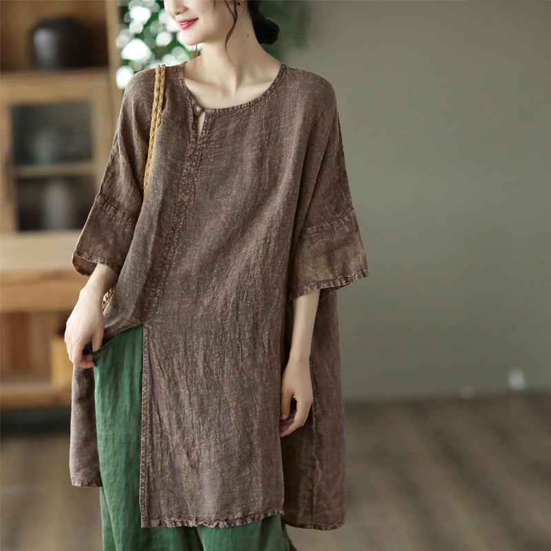 Summer Retro Loose Mid Sleeve Linen Long Shirt