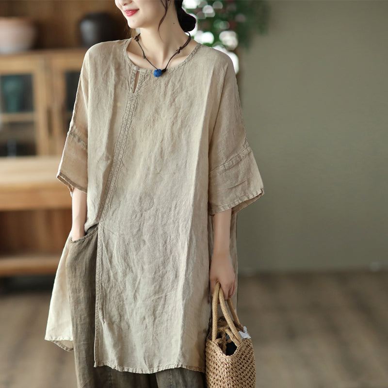 Summer Retro Loose Mid Sleeve Linen Long Shirt