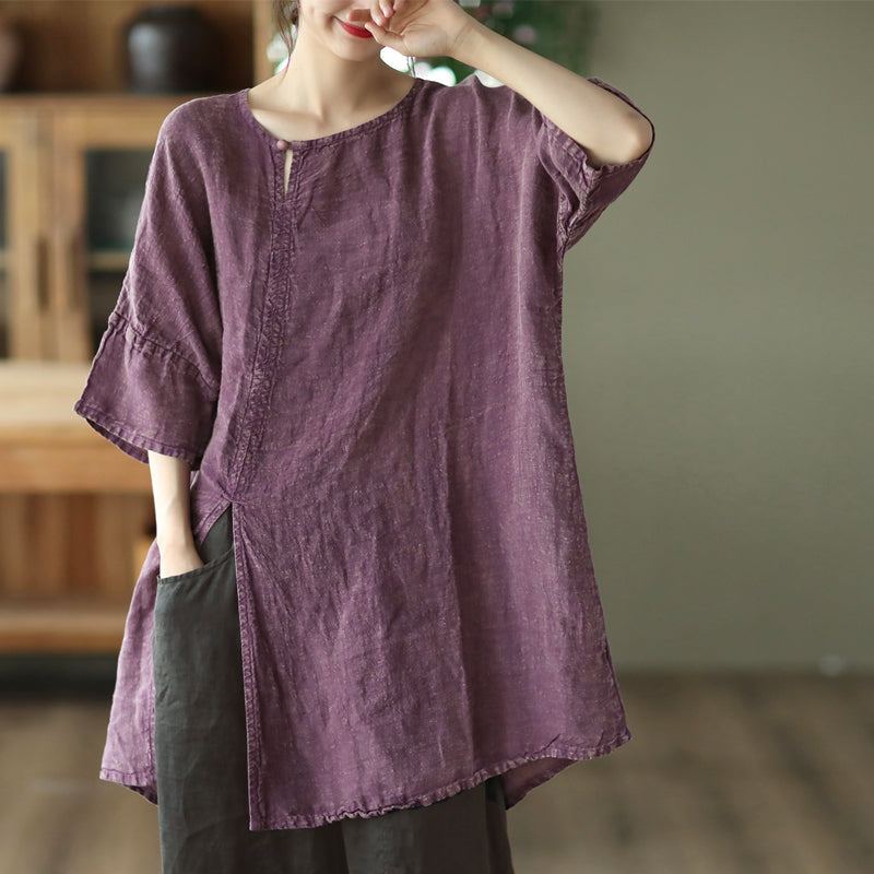 Summer Retro Loose Mid Sleeve Linen Long Shirt