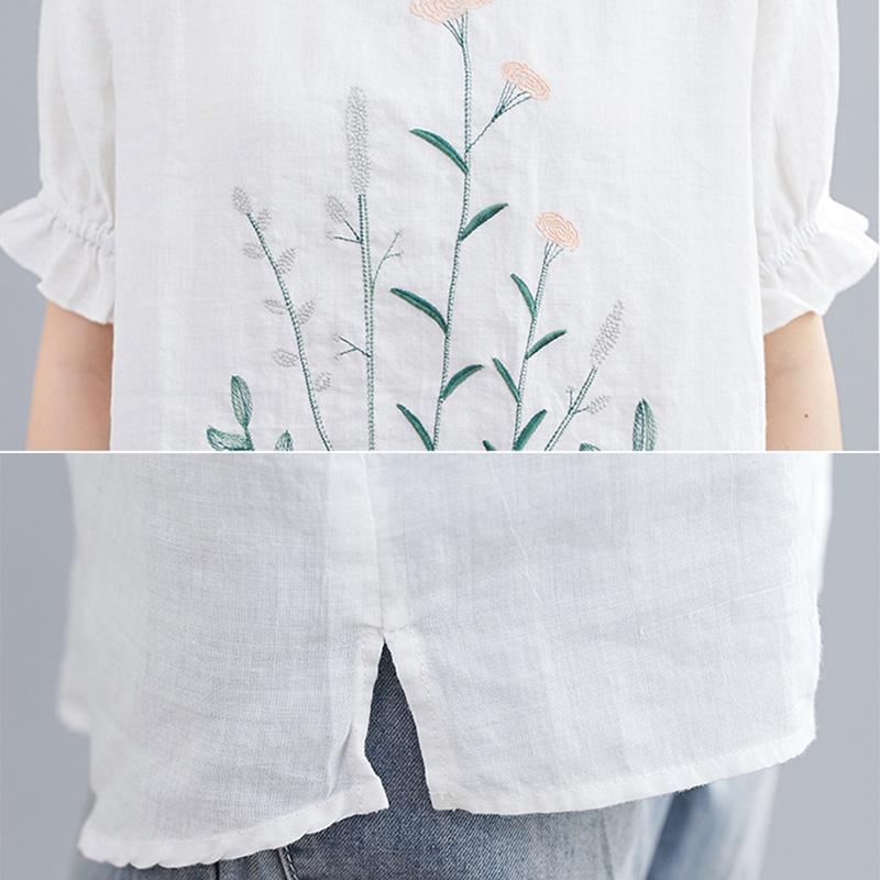 Vår Sommar Lös Casual Blommig Broderi Linne T-shirt