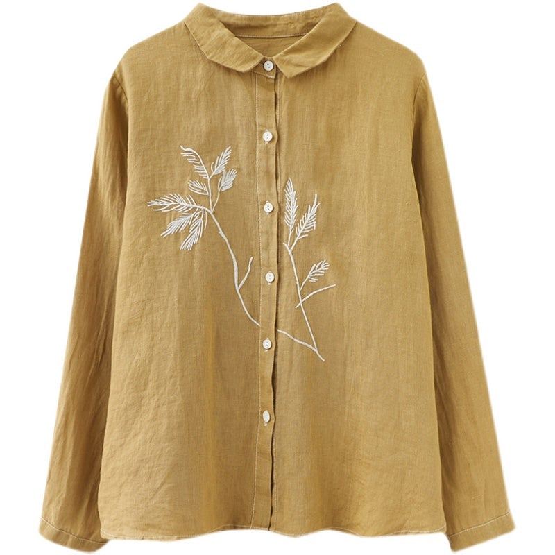 Vårblommiga Broderier Retro Linne Långärmad Blus