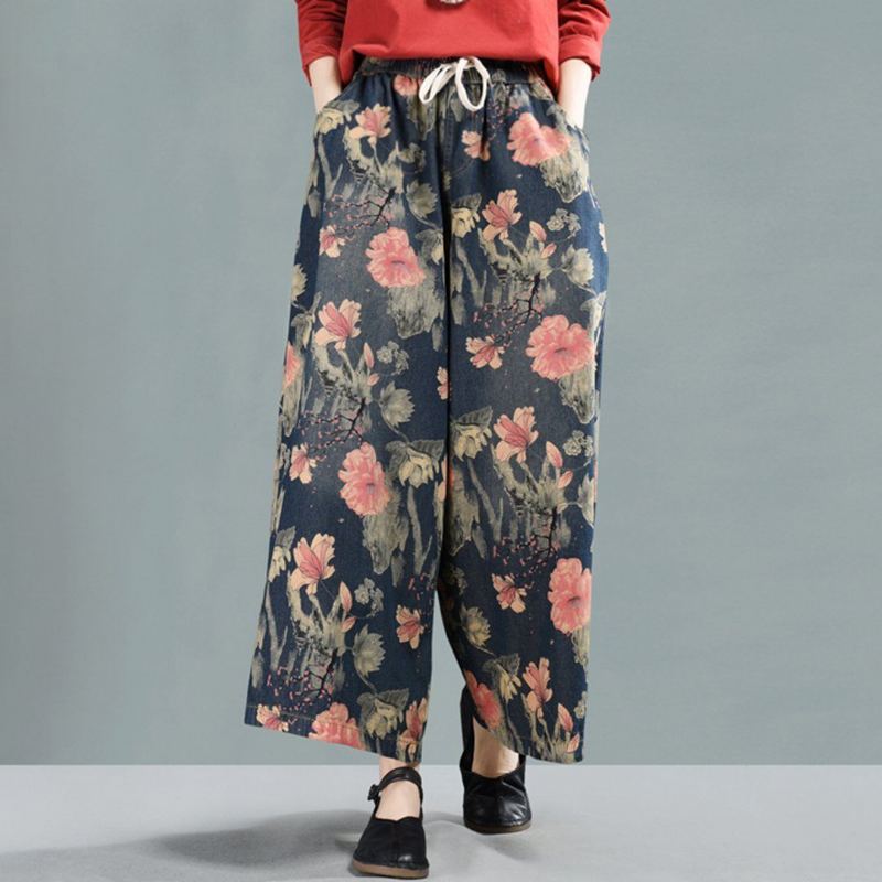 Blommiga Cropped Jeansbyxor Med Vida Ben