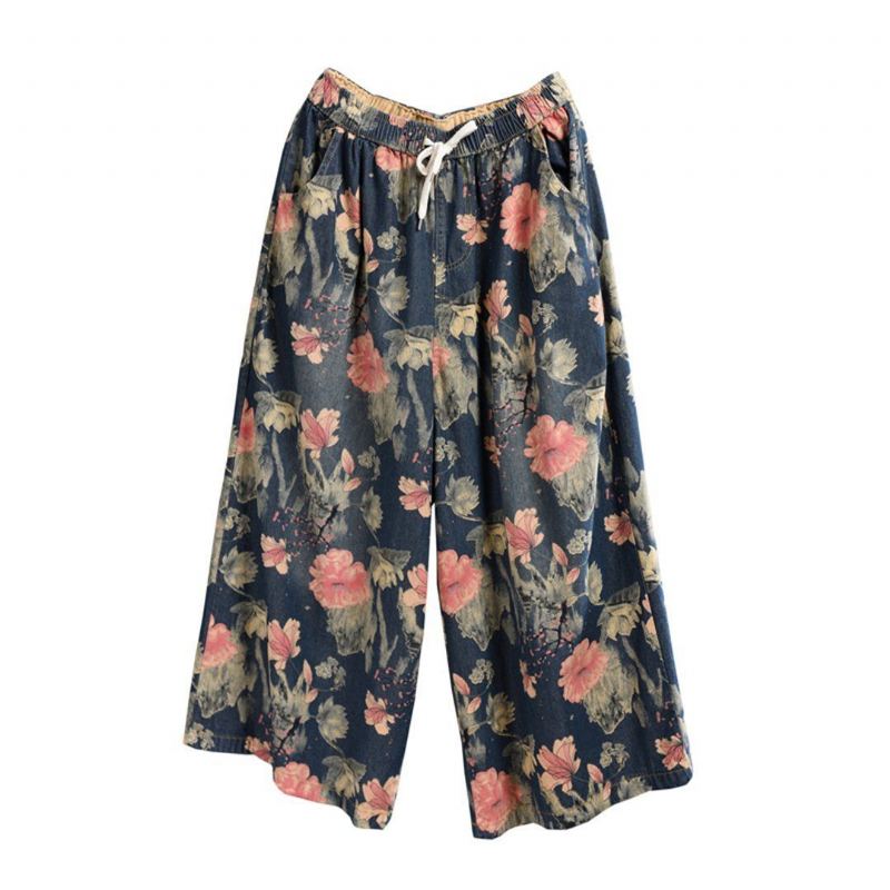 Blommiga Cropped Jeansbyxor Med Vida Ben