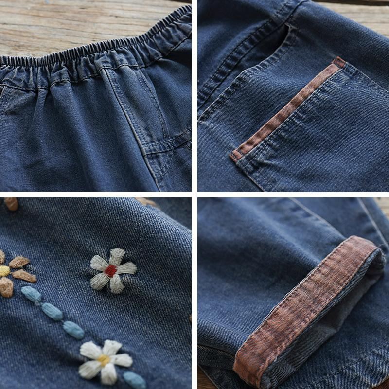 Blommor Broderi Lösa Retro Casual Jeansbyxor I Bomull