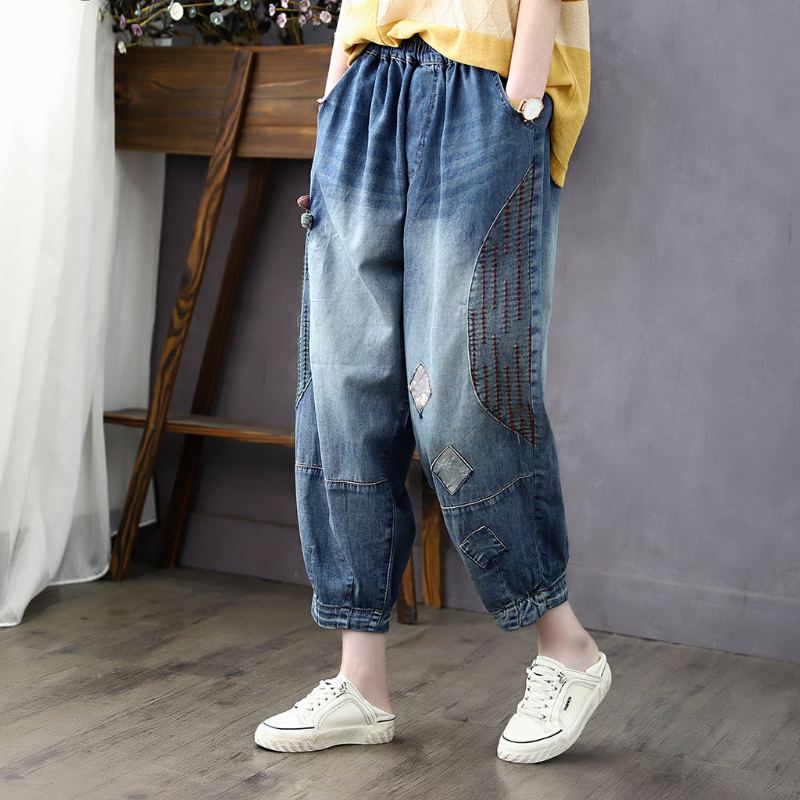 Dam Sommar Vintage Broderi Tunna Bomullsjeans