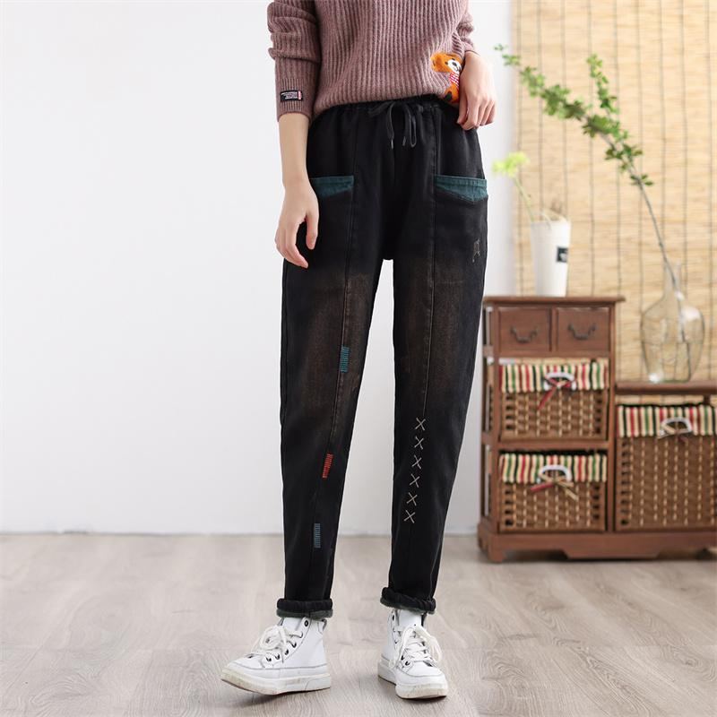 Dam Vinter Thicken Retro Broderade Patchwork Elastiska Jeans