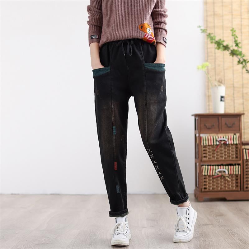 Dam Vinter Thicken Retro Broderade Patchwork Elastiska Jeans