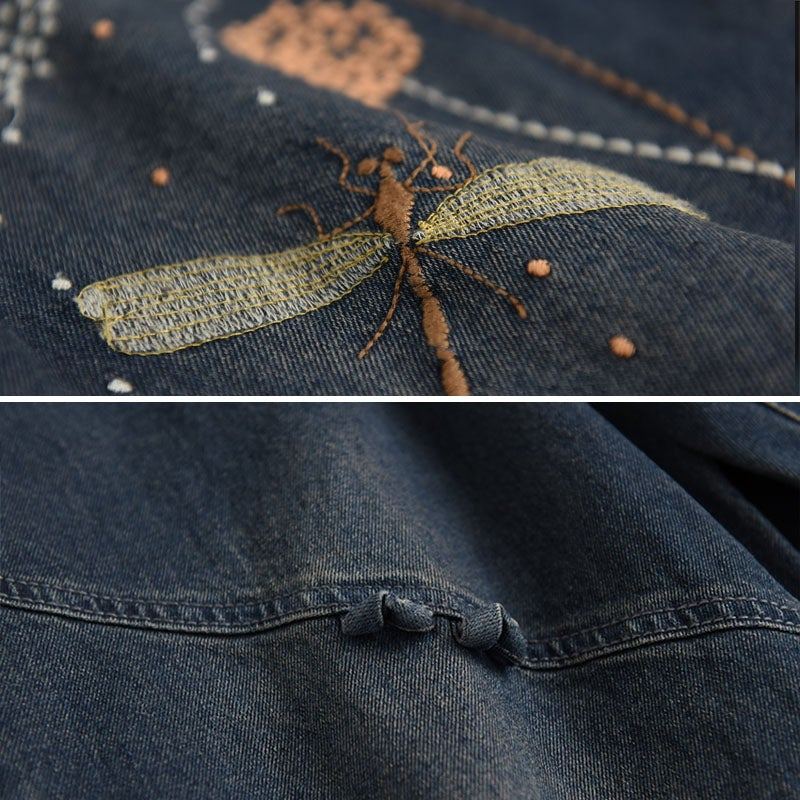 Damer Lös Våren Retro Dragonfly Broderi Bomullsjeans