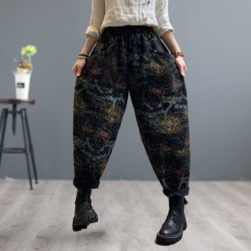 Damer Retro Print Patchwork Loose Harem Jeans