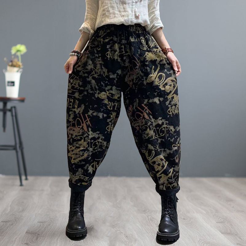 Damer Retro Print Patchwork Loose Harem Jeans