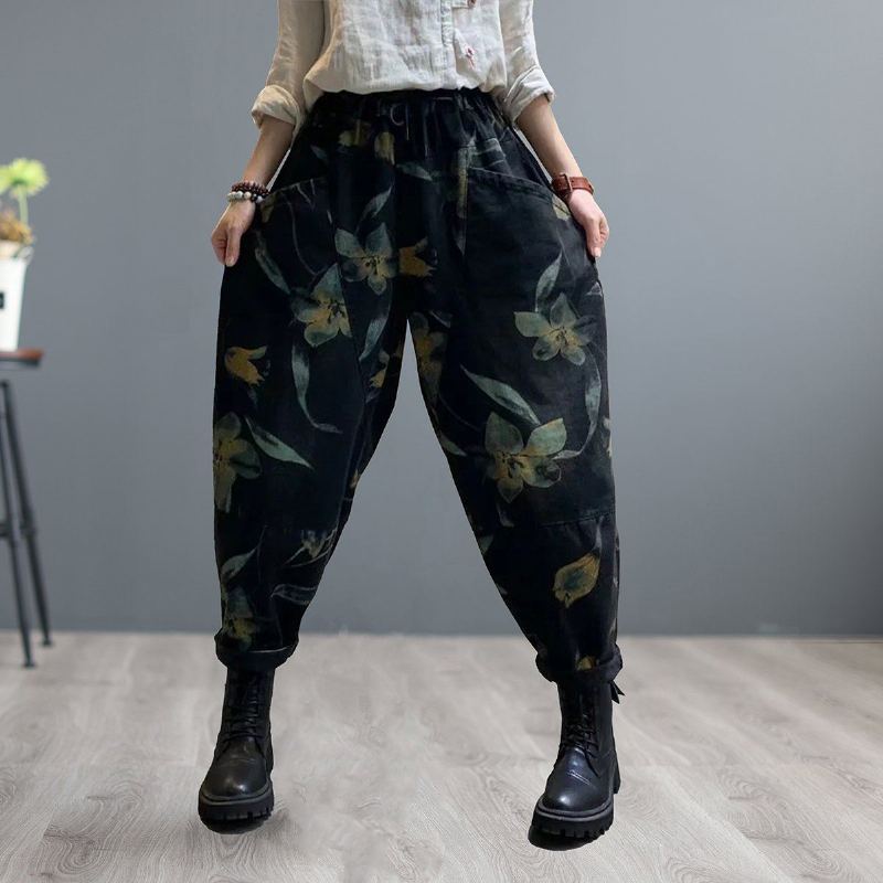 Damer Retro Print Patchwork Loose Harem Jeans