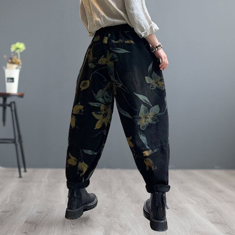 Damer Retro Print Patchwork Loose Harem Jeans