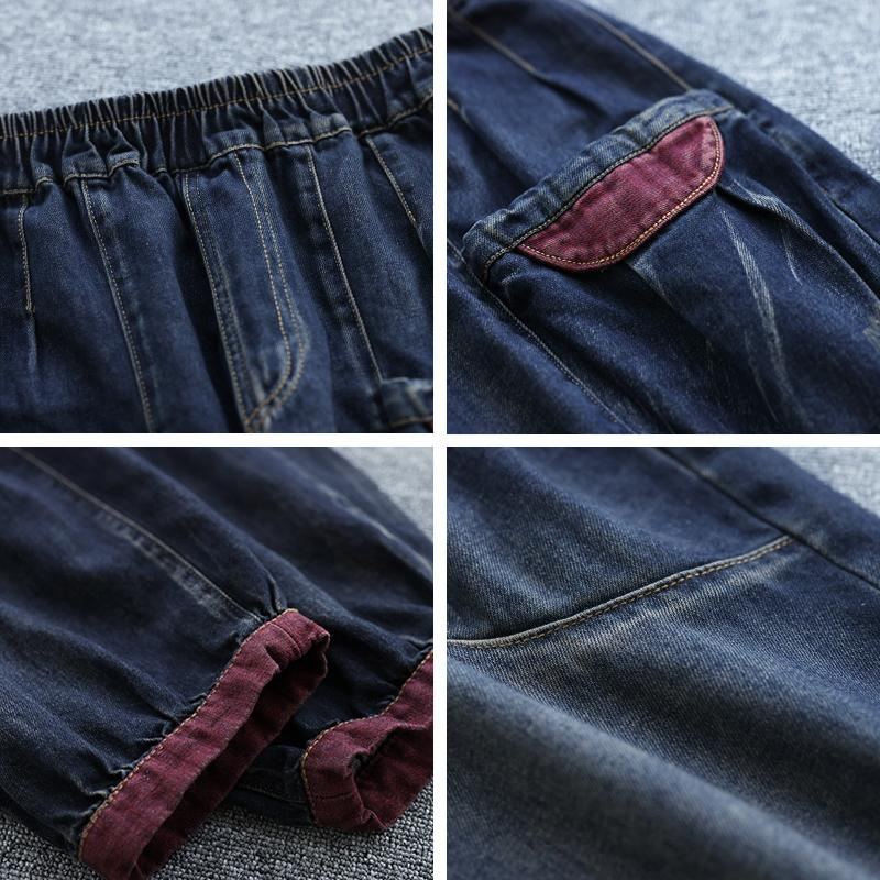 Höst Plus Size Marinblå Retro Casual Jeansbyxor I Bomull