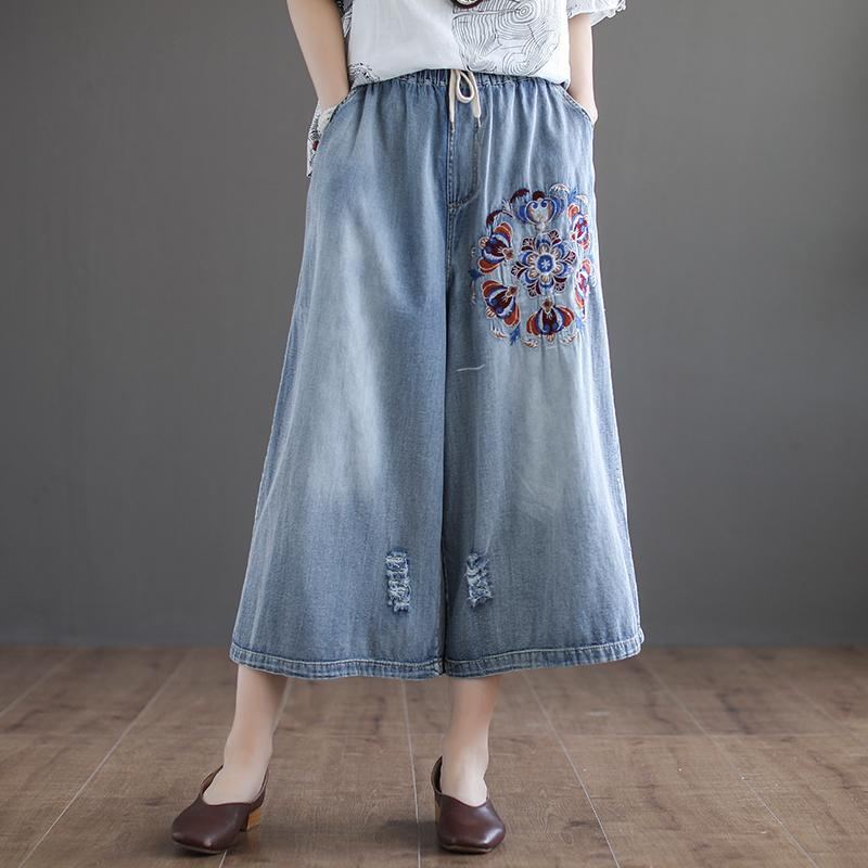 Höst Vintage Broderade Tvättade Hål Cropped Jeansbyxor