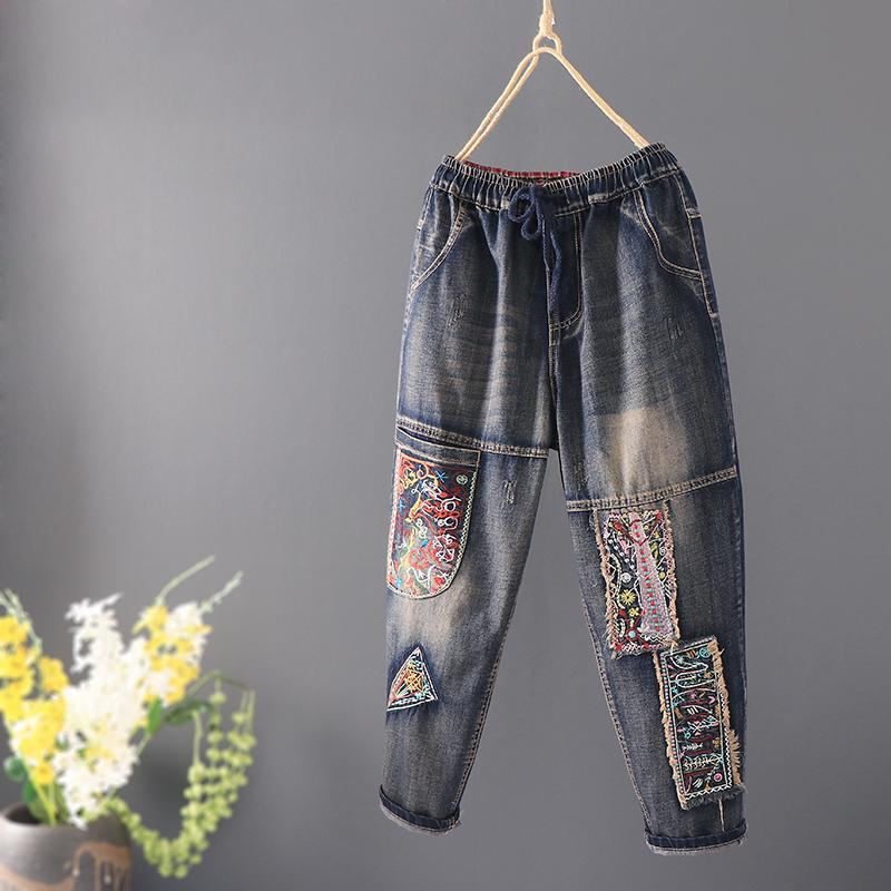 Patch Retro Loose Casual Raka Jeansbyxor