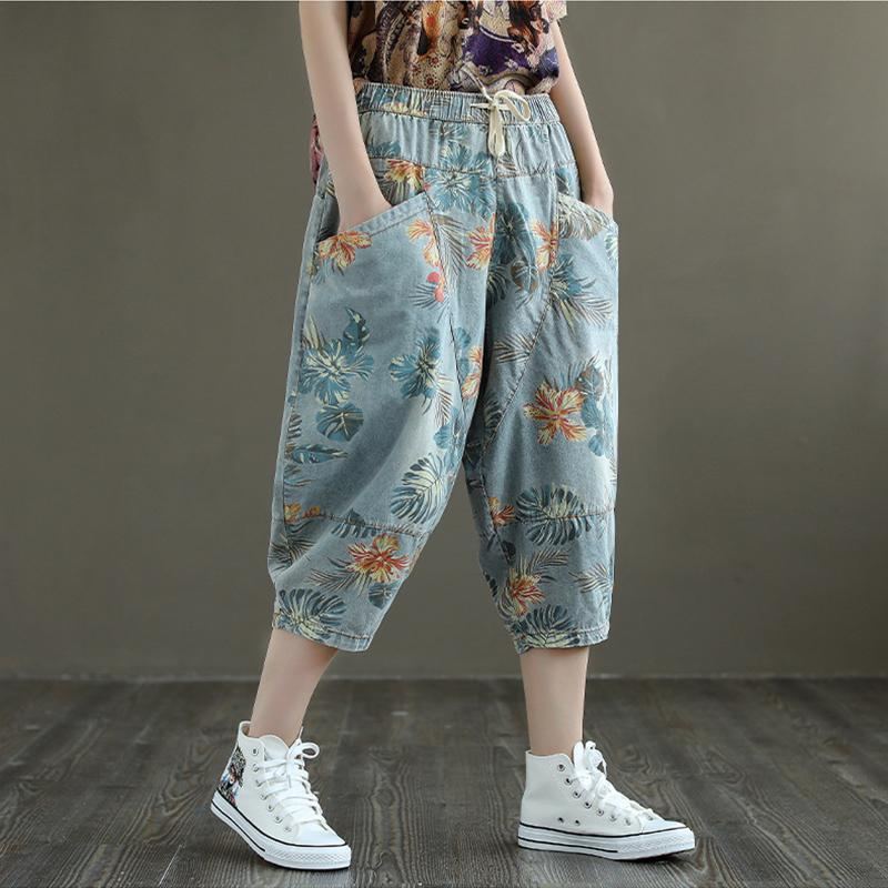 Plus Size Loose Retro Blommiga Jeansbyxor