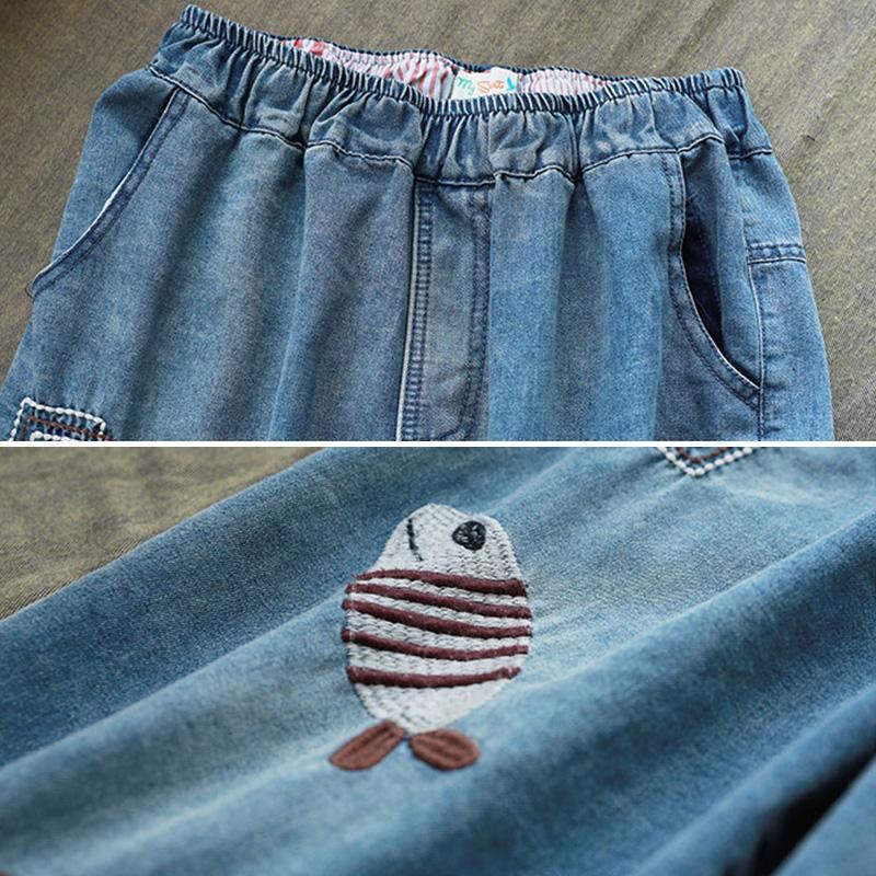 Retro Loose Fish Broderi Hallen Jeansbyxor