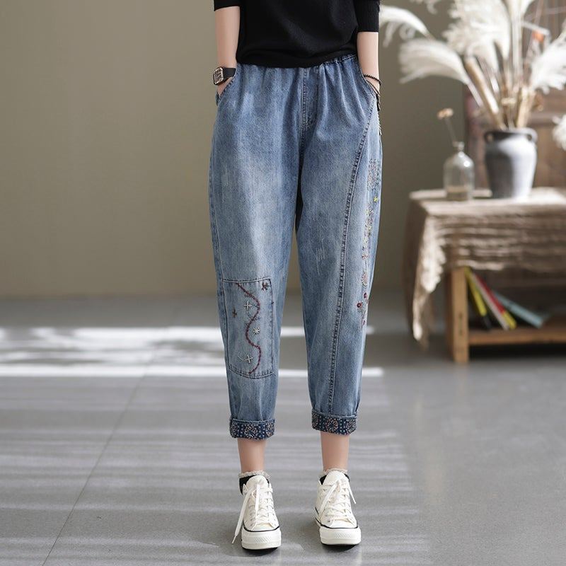 Spring Casual Lös Retro Splicing Brodery Harem Jeans