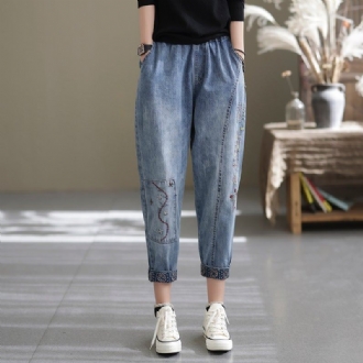 Spring Casual Lös Retro Splicing Brodery Harem Jeans