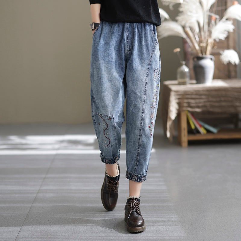 Spring Casual Lös Retro Splicing Brodery Harem Jeans