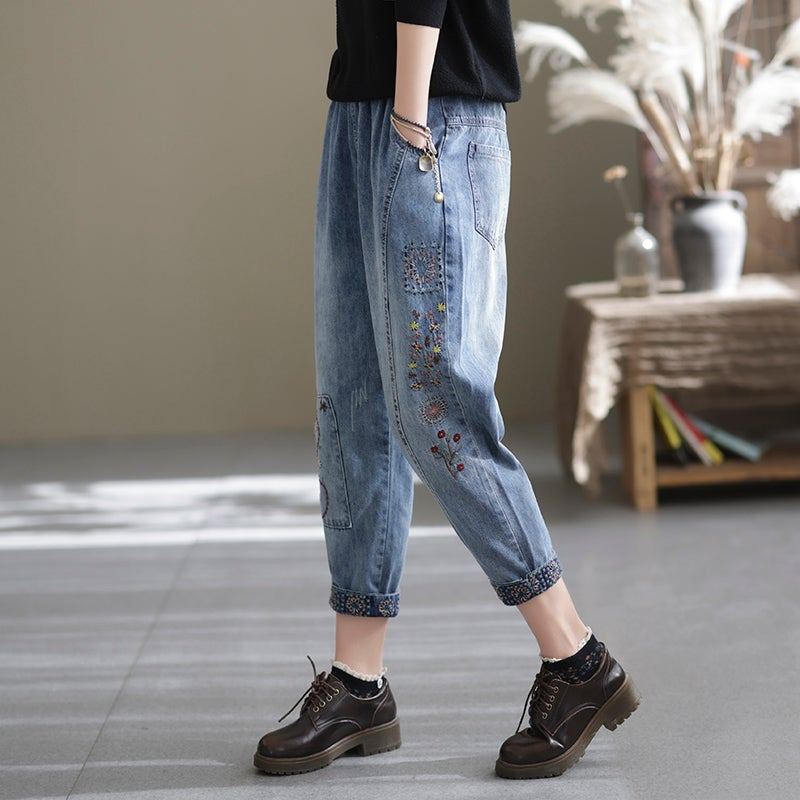 Spring Casual Lös Retro Splicing Brodery Harem Jeans