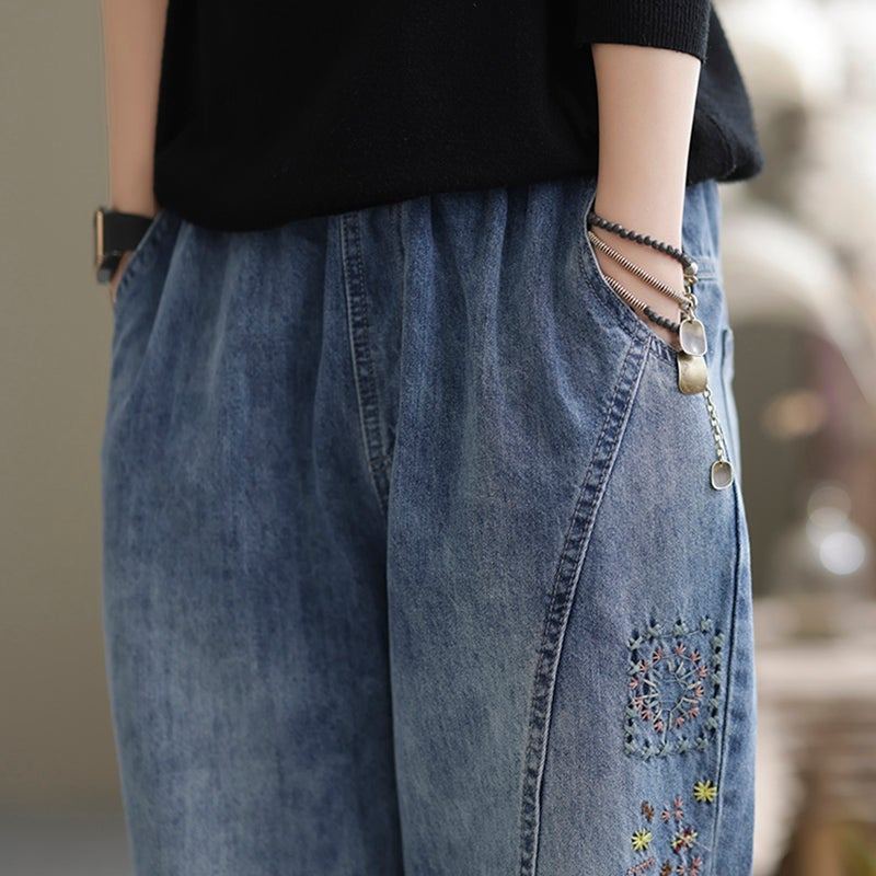 Spring Casual Lös Retro Splicing Brodery Harem Jeans