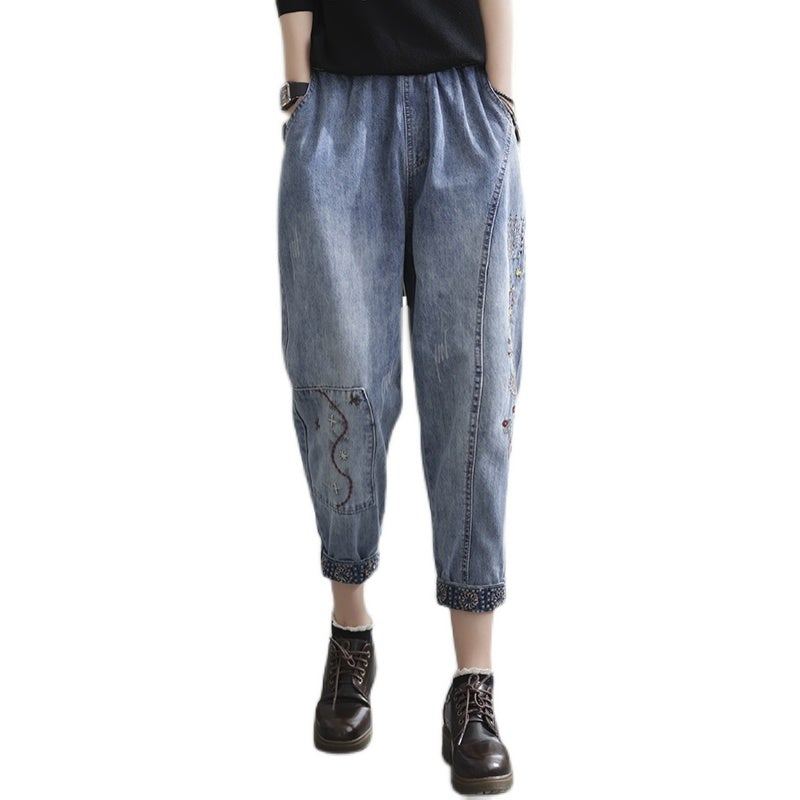 Spring Casual Lös Retro Splicing Brodery Harem Jeans