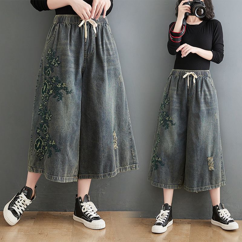 Spring Retro Brodery Floral Ripped Loose Jeans