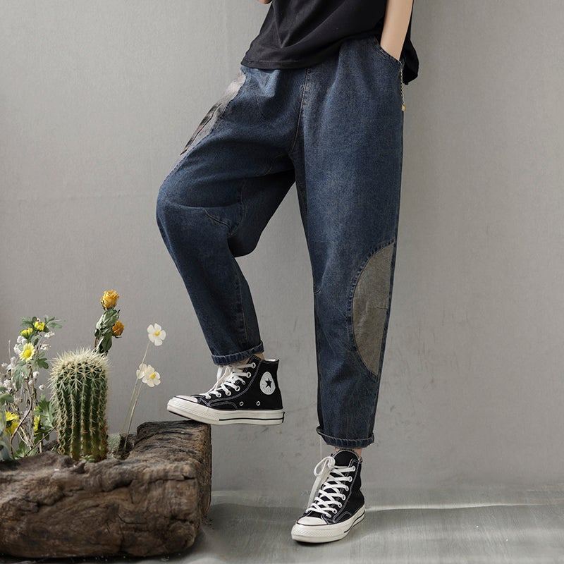 Spring Retro Patchwork Bomull Dam Casual Jeans