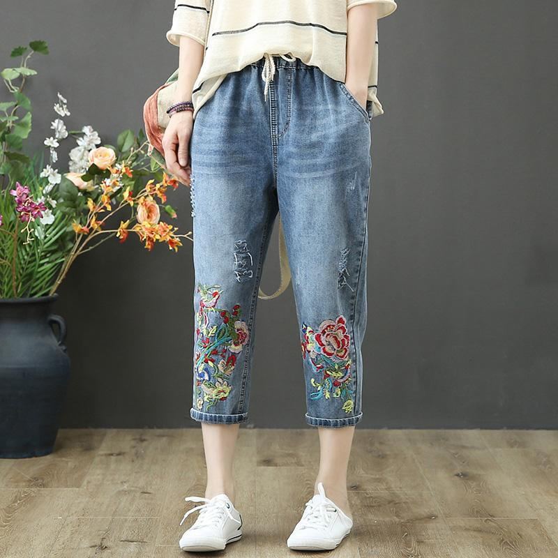 Vår Sommar Broderi Retro Lösa Jeans