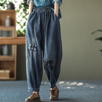 Våren Dam Retro Broderi Lösa Bomullsjeans