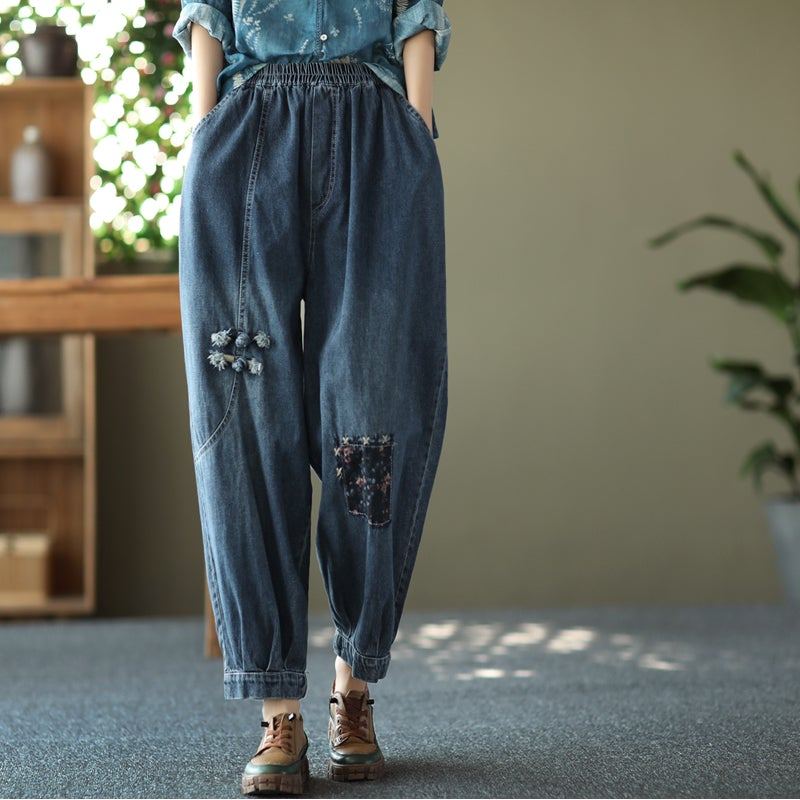 Våren Dam Retro Broderi Lösa Bomullsjeans