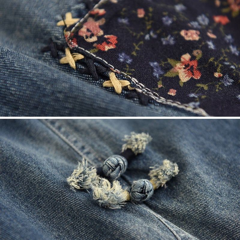 Våren Dam Retro Broderi Lösa Bomullsjeans