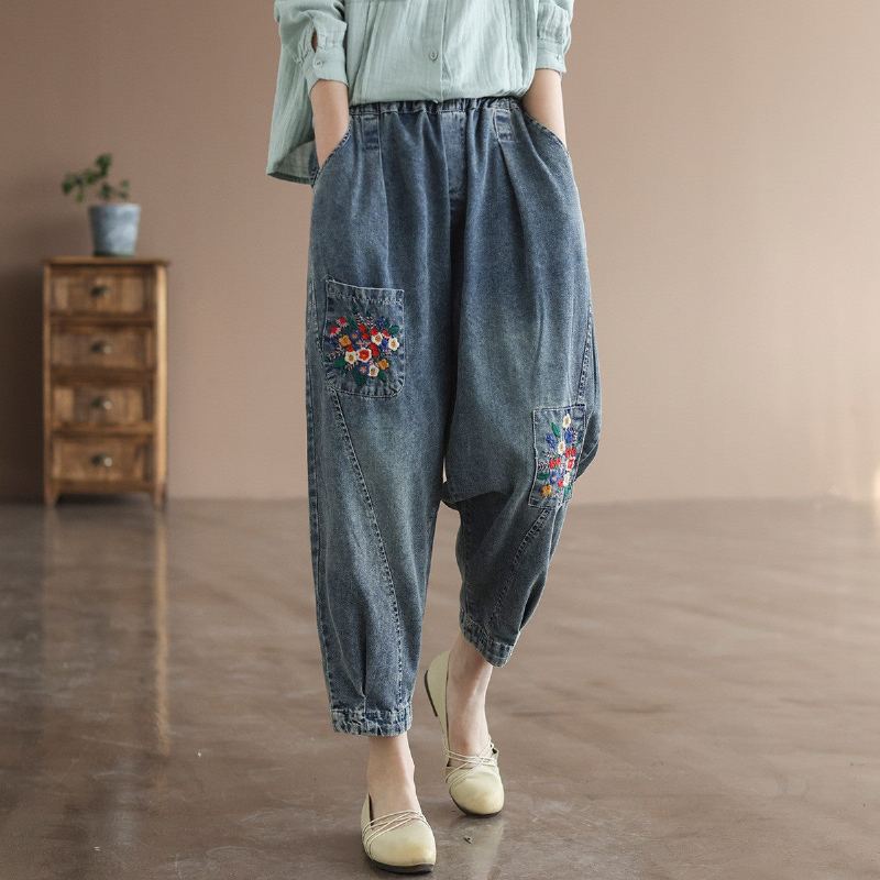 Våren Retro Blommor Broderi Harem Jeans