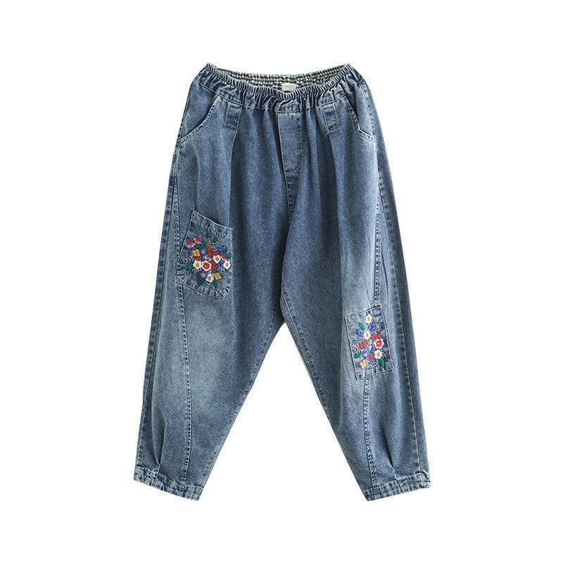 Våren Retro Blommor Broderi Harem Jeans