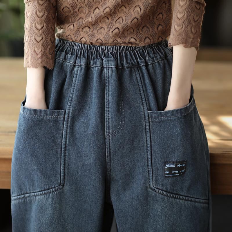 Vinter Retro Patchwork Plysch Casual Loose Harem Jeans