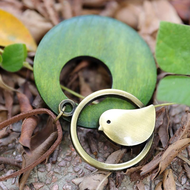 Söt Metall Fågel Form Rund Trä Hänge Halsband