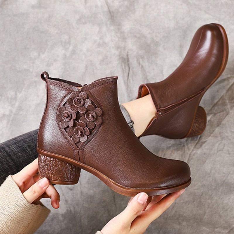 Blommor Applikerade Chunky Heels Läderstövlar