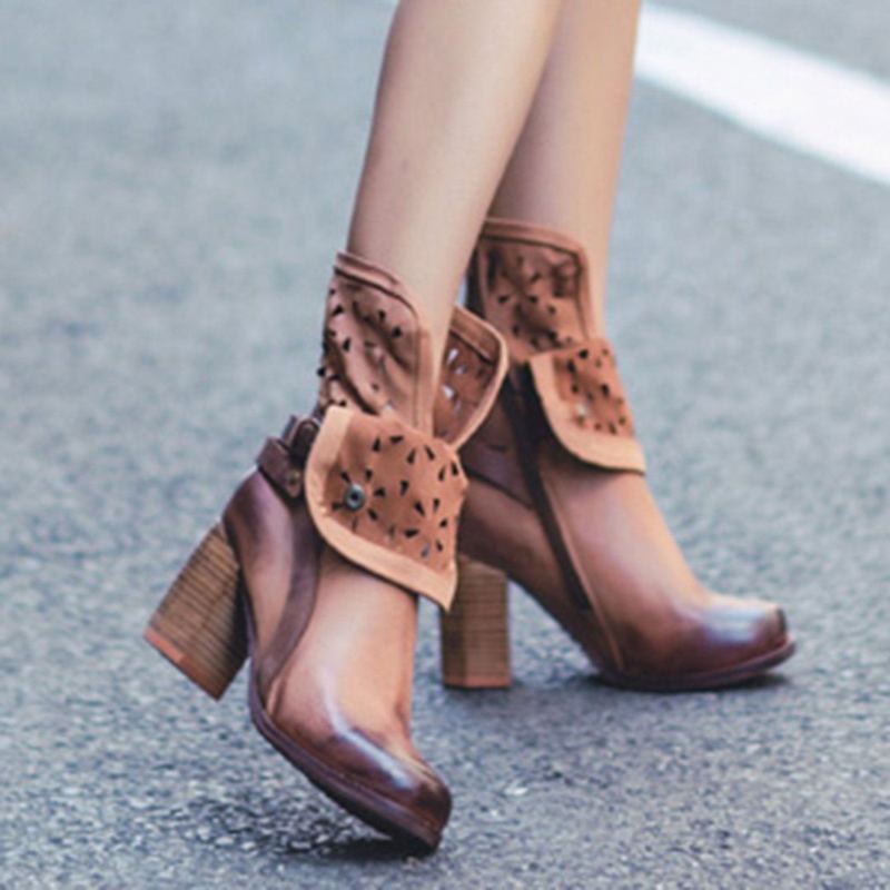 Brittisk Stil Chunky High Heels Hollow Boots