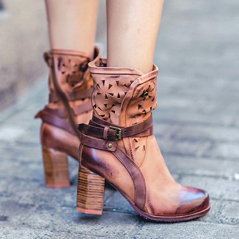 Brittisk Stil Chunky High Heels Hollow Boots