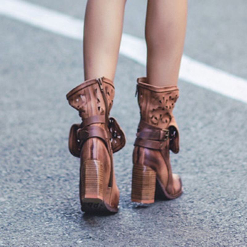 Brittisk Stil Chunky High Heels Hollow Boots