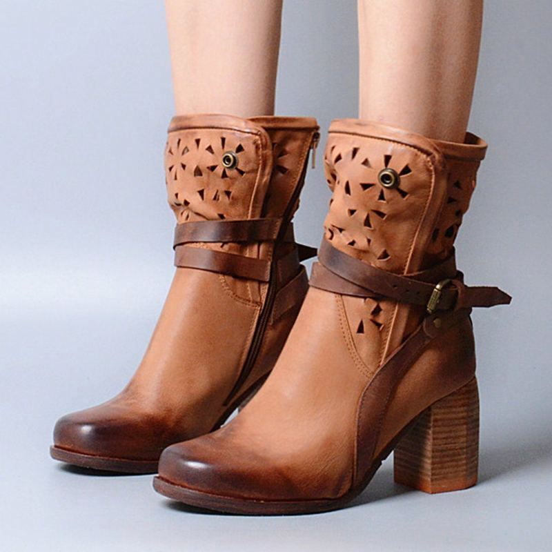 Brittisk Stil Chunky High Heels Hollow Boots