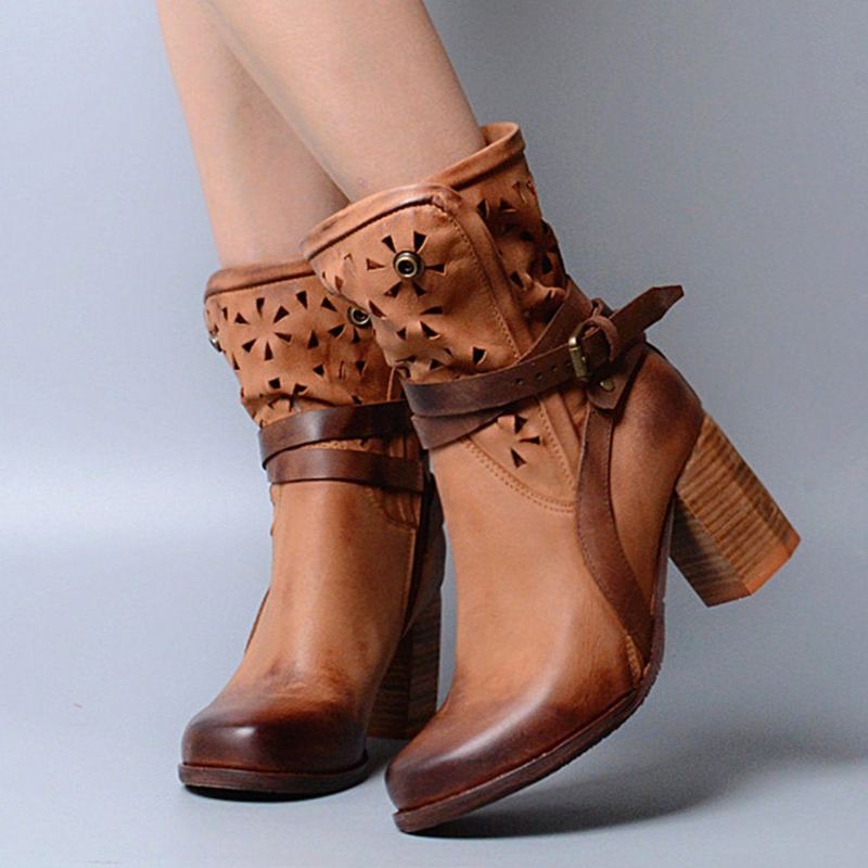 Brittisk Stil Chunky High Heels Hollow Boots